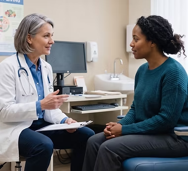 Clinician speaking with a patient during a medical appointment